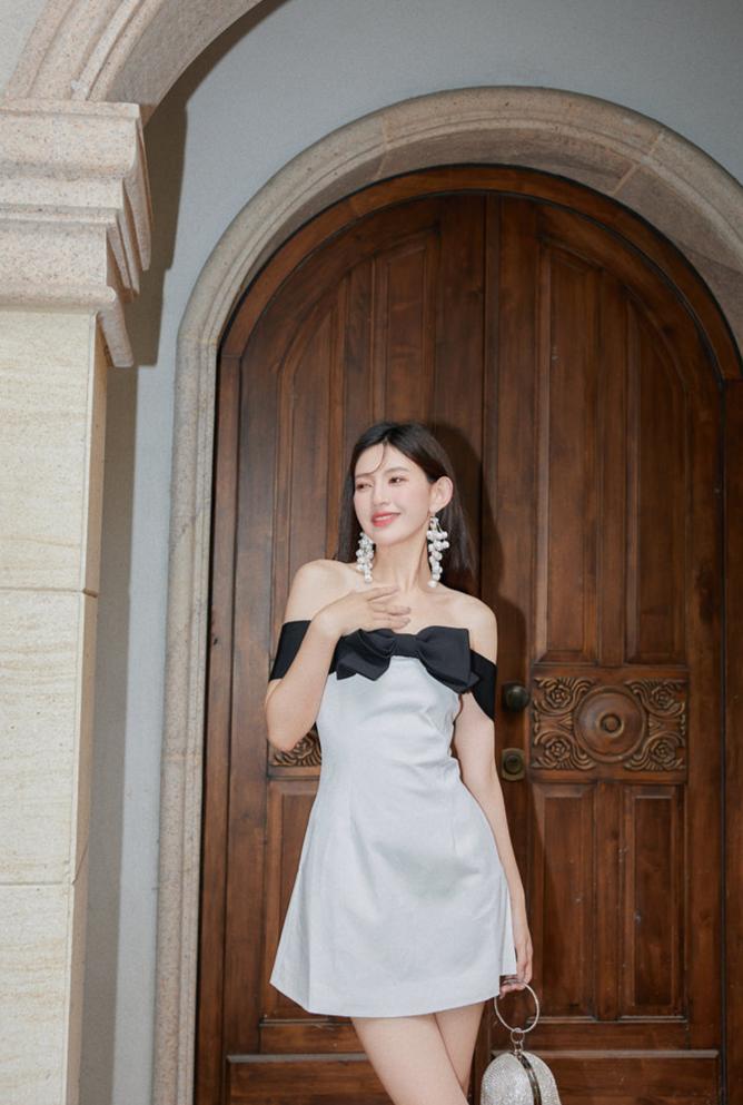 DOLLY High End Black Bow Off Shoulder Bandeau White Short Dress-ANDRA