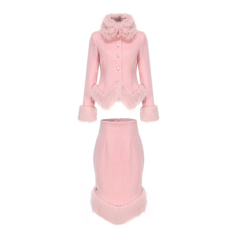 Le Palais Vintage Elegant long sleeve pink fur collar two piece banquet suit- Fave