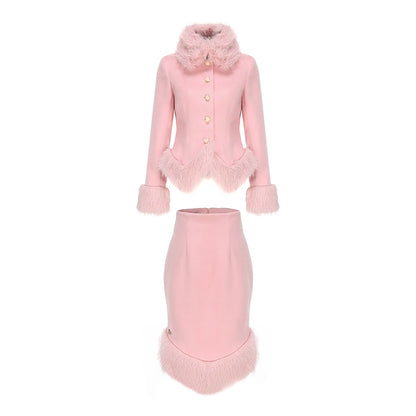 Le Palais Vintage Elegant long sleeve pink fur collar two piece banquet suit- Fave