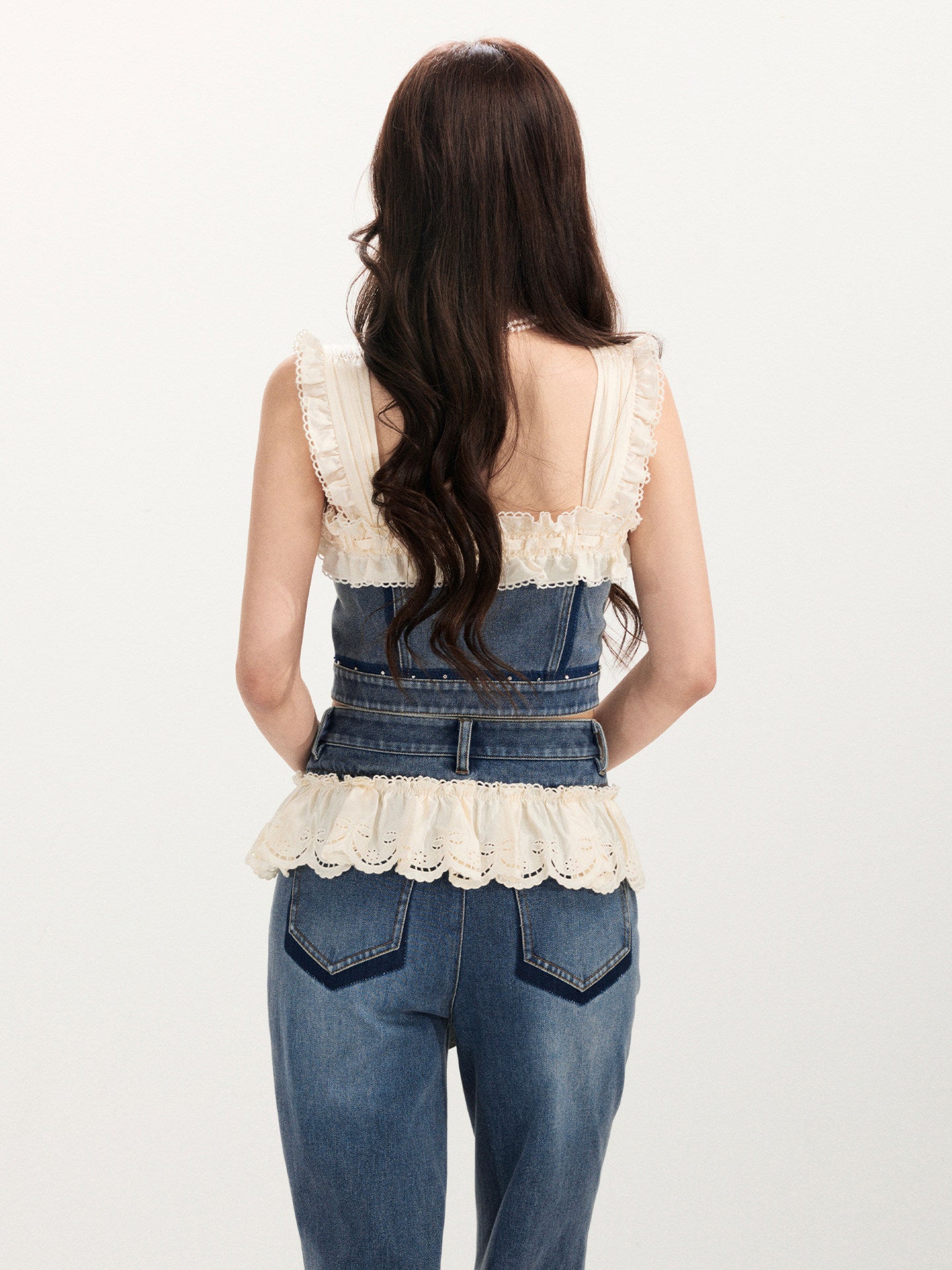 FAME Madeira Embroidered Denim Panelled Suspender Top Women's Outerwear