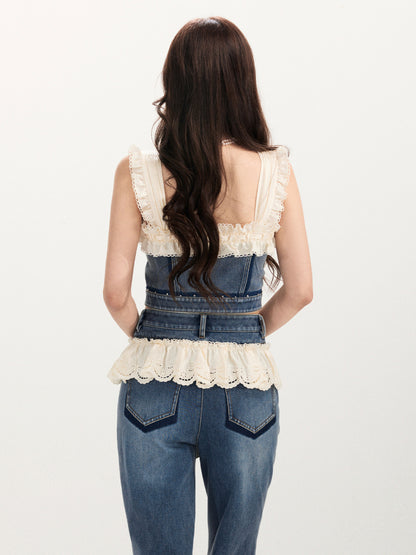 FAME Madeira Embroidered Denim Panelled Suspender Top Women's Outerwear