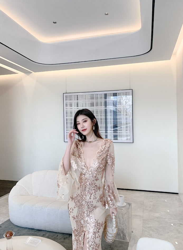 DOLLY Elegant V-Neck Long Sleeve Sequin Hip Flared Fish Tail Banquet Dress-MAY