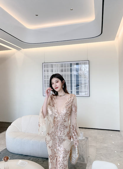 DOLLY Elegant V-Neck Long Sleeve Sequin Hip Flared Fish Tail Banquet Dress-MAY