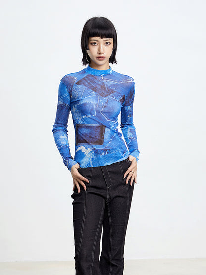 TINY IN denim print sun protection mesh long short sleeve t-shirt -IHU