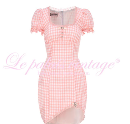 Le Palais Vintage Sweet Pink Padded Puff Sleeve Slim Fit Dress-HORIMIYA.