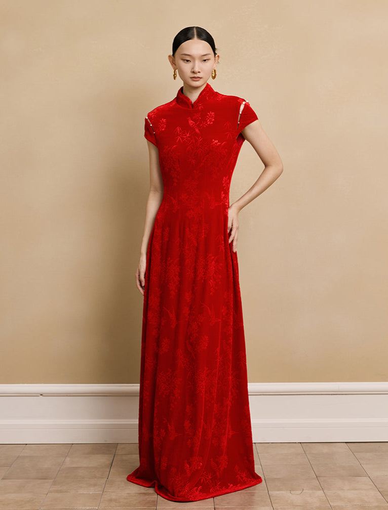 HECO Velvet Embossed Red Black Long Dress Women's- EXPECT.