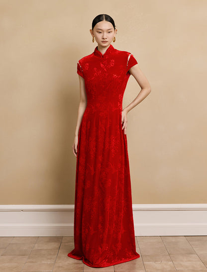 HECO Velvet Embossed Red Black Long Dress Women's- EXPECT.