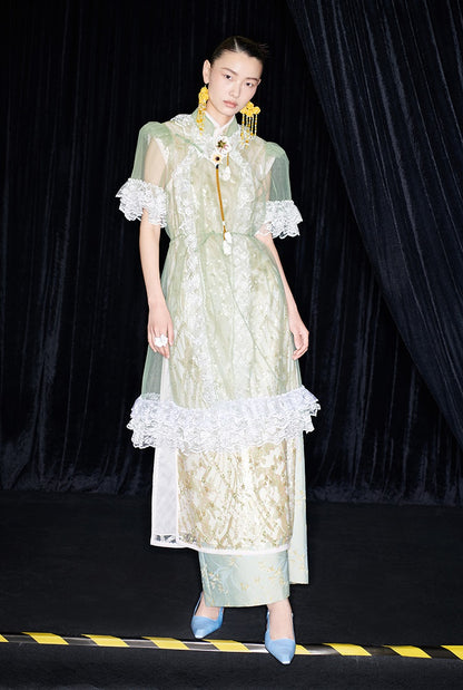 M essential Mackay designer Ear Mesh lace welt stand-up collar dress - DOUNT.