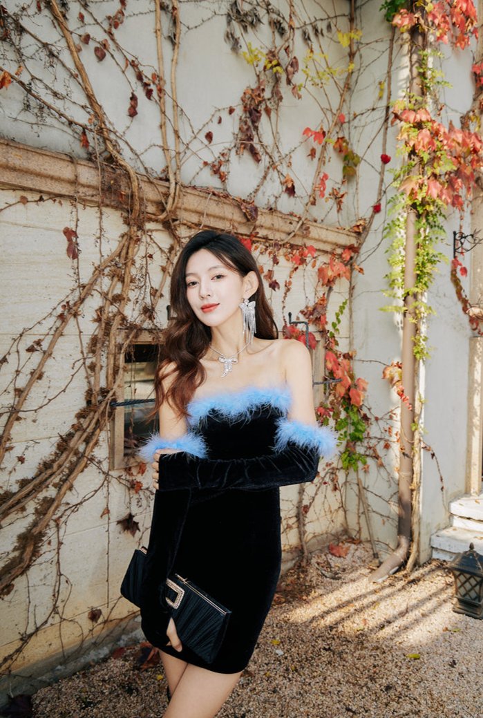 DOLLY Elegant Black Off Shoulder Blue Furry Tube Top Short Velvet Party Dress-URIEL