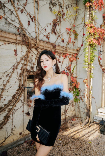 DOLLY Elegant Black Off Shoulder Blue Furry Tube Top Short Velvet Party Dress-URIEL