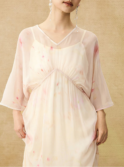 HECO Chinese Resort Style Flowing V-neck Dress - STONE.