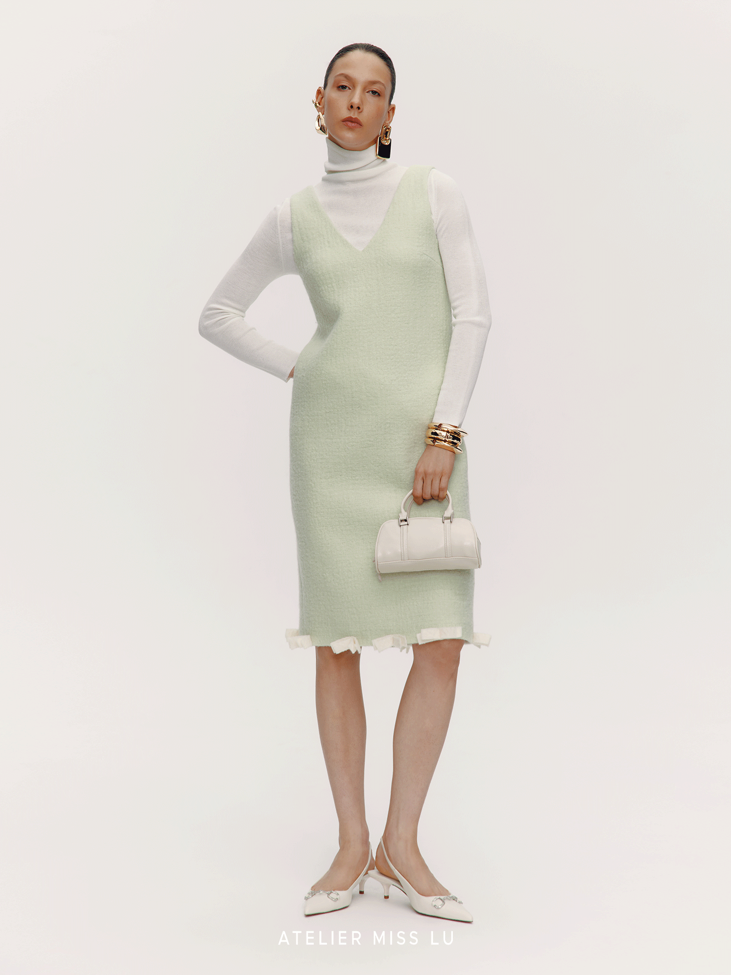 ATELIER MISS LU Bow Patchwork Sheep Wool Dress - SHANE.