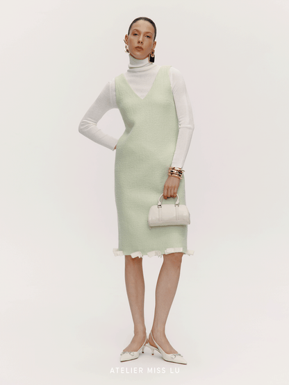 ATELIER MISS LU Bow Patchwork Sheep Wool Dress - SHANE.