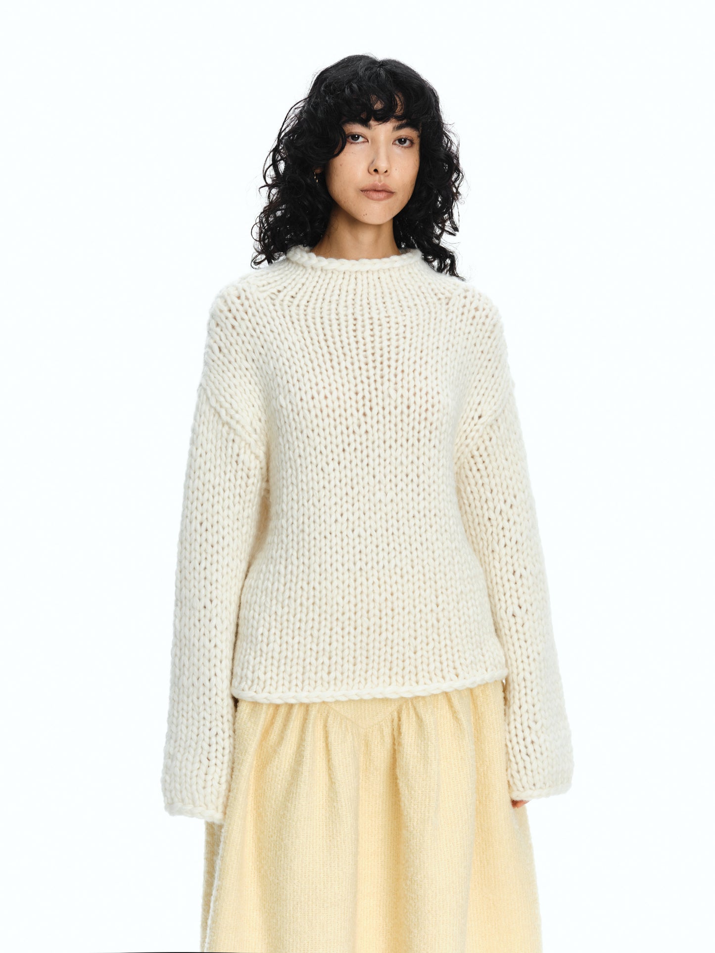SERRER Ivory alpaca coarse stick needle hand-knitted long sleeved sweater - JULIAN.