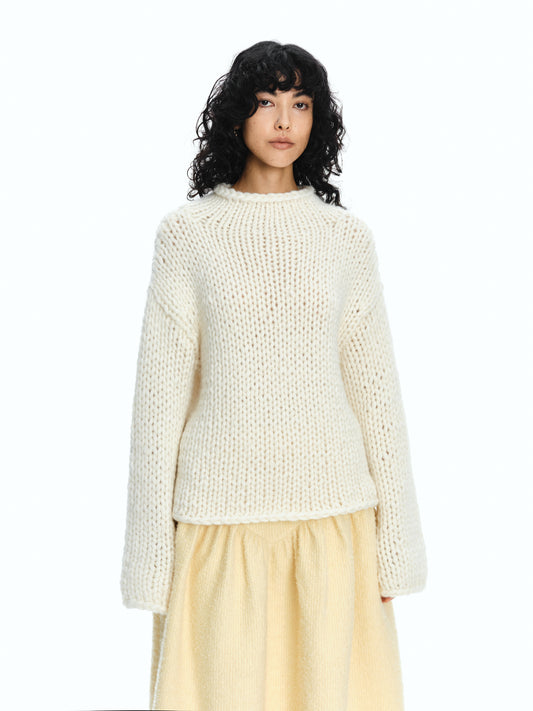 SERRER Ivory alpaca coarse stick needle hand-knitted long sleeved sweater - JULIAN.