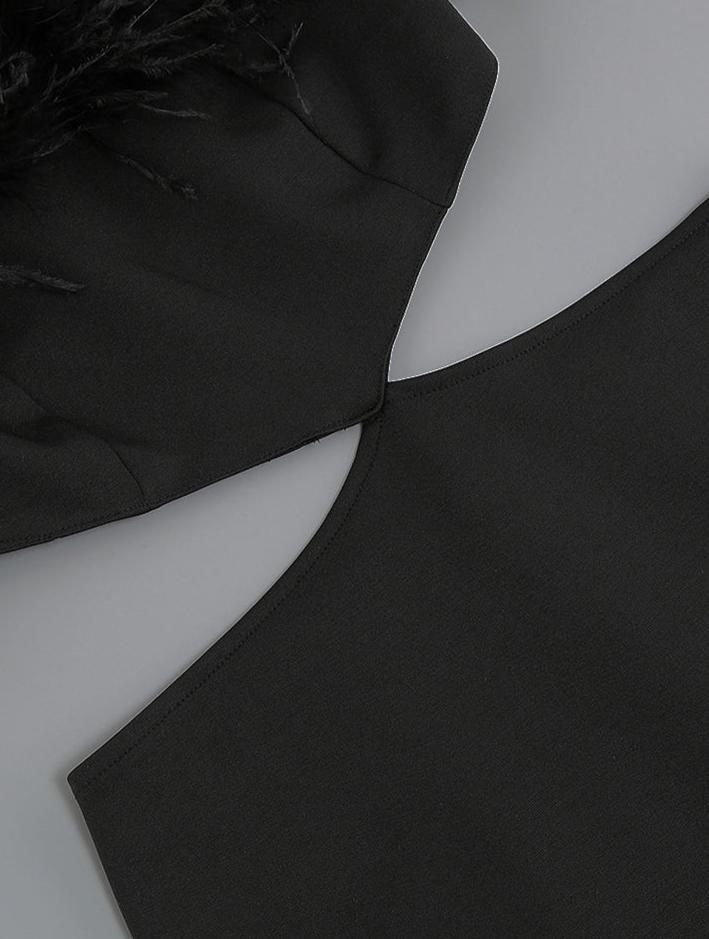 DOLLY Luxury Black Feather Tube Top Waist Baring Slim Fit Long Cocktail Dress-JAJA
