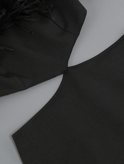 DOLLY Luxury Black Feather Tube Top Waist Baring Slim Fit Long Cocktail Dress-JAJA