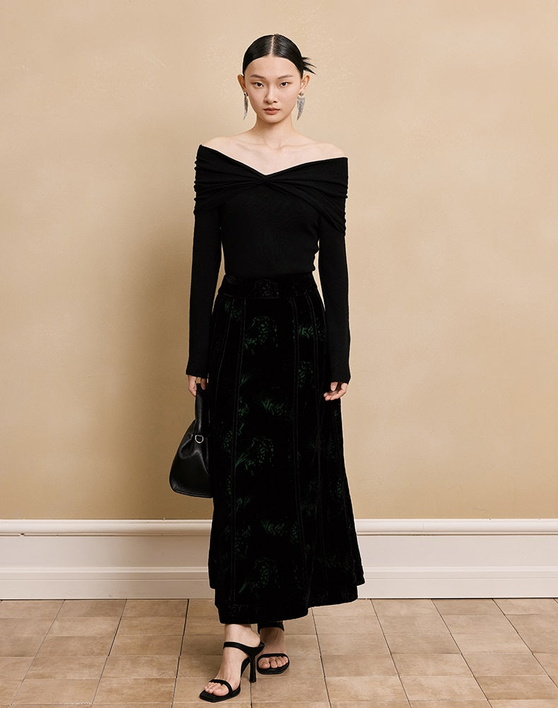 HECO  long-sleeved black red knitwear off-the-shoulder spring - DREAM.