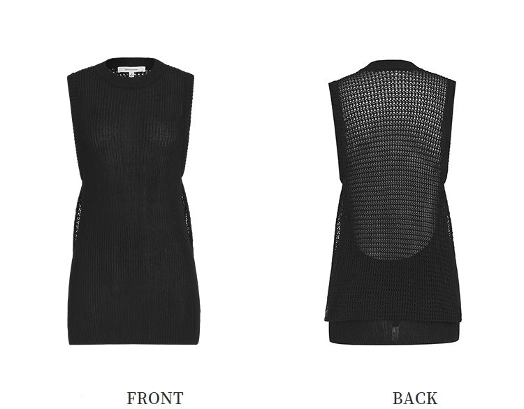 ZHUCHONGYUN  black cut-out grid design waist crew neck sleeveless knit top-HATSU.