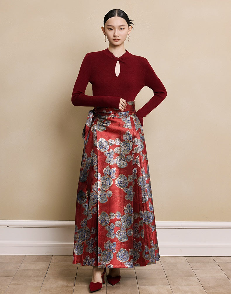 HECO red black white wool Blend twisted cut-out stand collar long-sleeved Knit- secret.