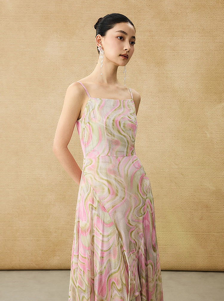 HECO Chinese Style Silk Chiffon Slip Summer Water Ripple Print Long Skirt - PEKKER.