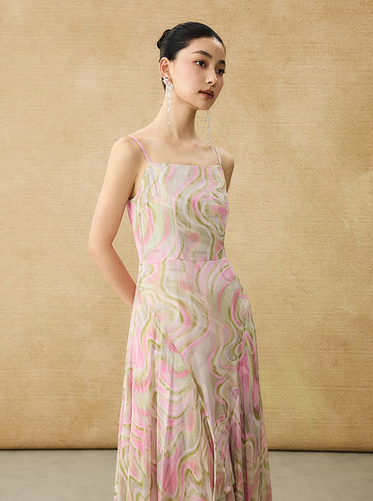 HECO Chinese Style Silk Chiffon Slip Summer Water Ripple Print Long Skirt - PEKKER.