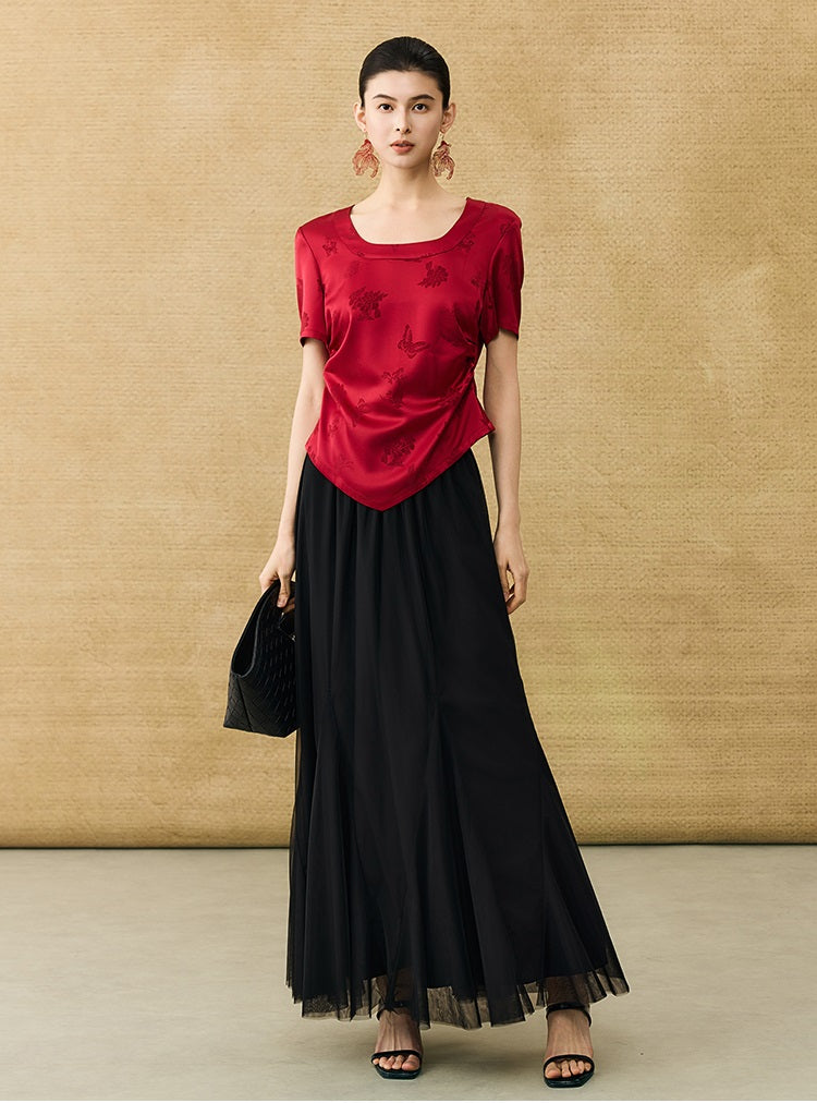 HECO Chinese Acetate Small Square Neck Short Sleeve Top- BEAK.