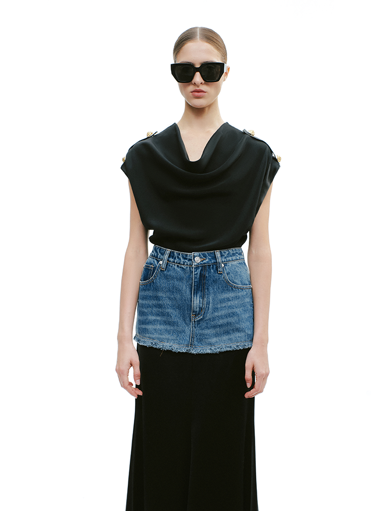 YES BY YESIR | Military Swing Neck Chiffon Shirt -ELISARA.