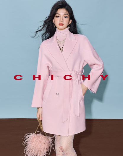 CHICHY Cashmere Classic Pink Reversible Woolen Lace-up Midi Length Coat-GINRO