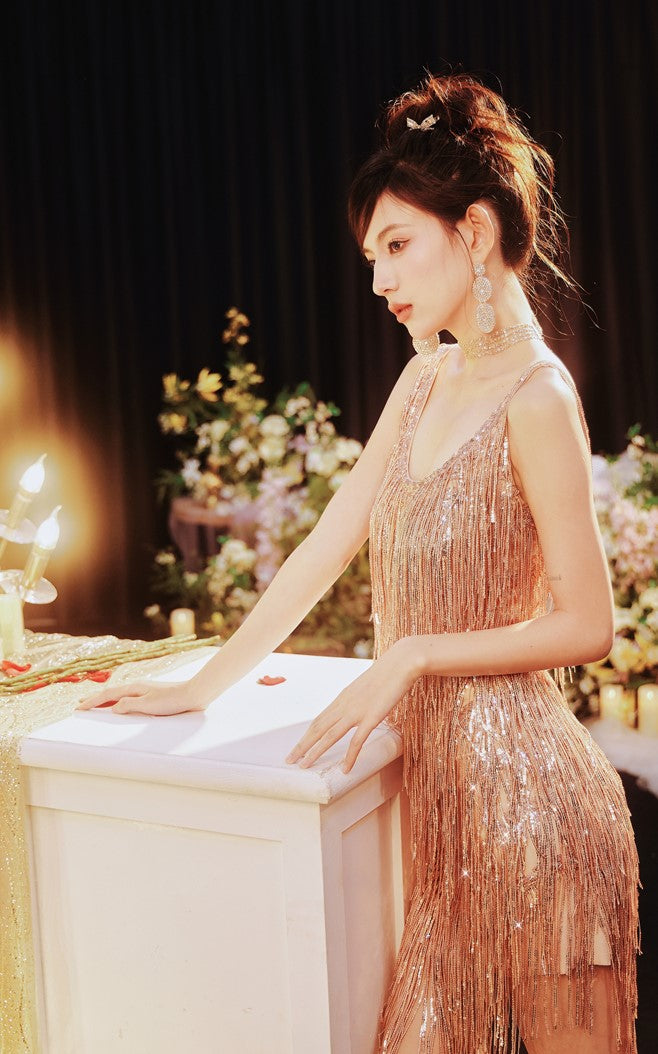 DOLLY Luxury U-Neck Star Light Tassel Sleeveless Backless Short Party Dress-PHEOBE