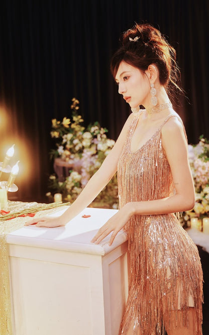 DOLLY Luxury U-Neck Star Light Tassel Sleeveless Backless Short Party Dress-PHEOBE