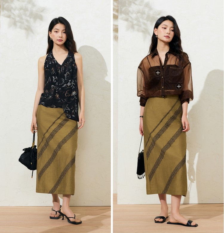 SuShe Elegant Tencel linen lace stitching back slit skirt -SARA