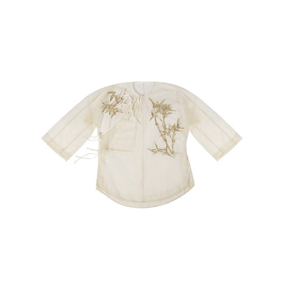 TUYUE Bamboo Leaf Embroidered Mesh Lace-up Top - SKYLA.