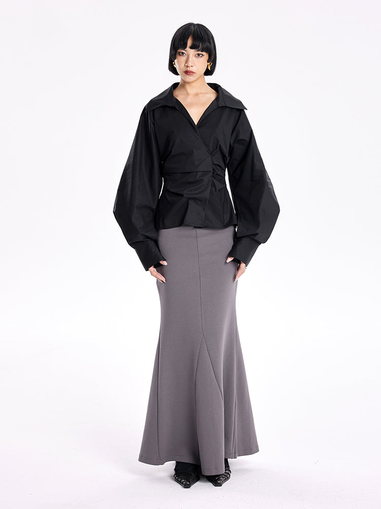 TINY IN stand-up collar casual pinch-pleated curved sleeve cinched waist shirt-KIA