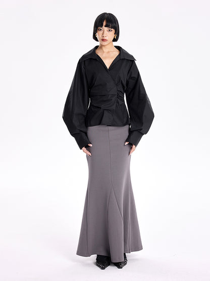 TINY IN stand-up collar casual pinch-pleated curved sleeve cinched waist shirt-KIA