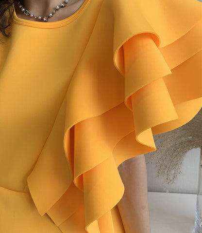 DOLLY Luxury Retro Style Crew Neck One Shoulder Ruffle Sleeves Midi Office Dress-CLAUDI