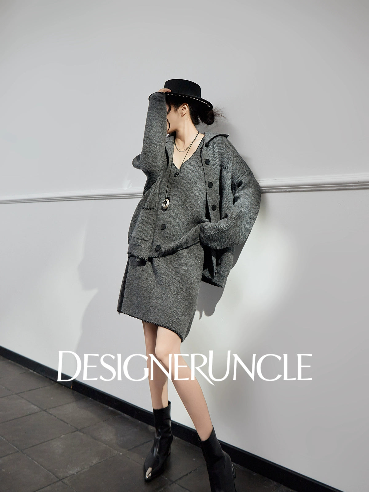 DGU "Guiyan" gray knitted suit V-neck temperament cardigan knitted skirt two-piece set - Skylar