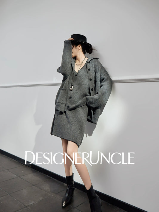 DGU "Guiyan" gray knitted suit V-neck temperament cardigan knitted skirt two-piece set - Skylar