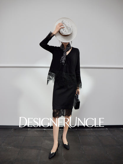 DGU Black Suit V-Neck Lace Patchwork Dress Knitted Top Two-Piece Set - FIRE.