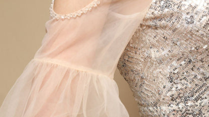 DOLLY Elegant Black Glitter Mesh Long Puff Sleeve Sequin Evening Dress-NUNU