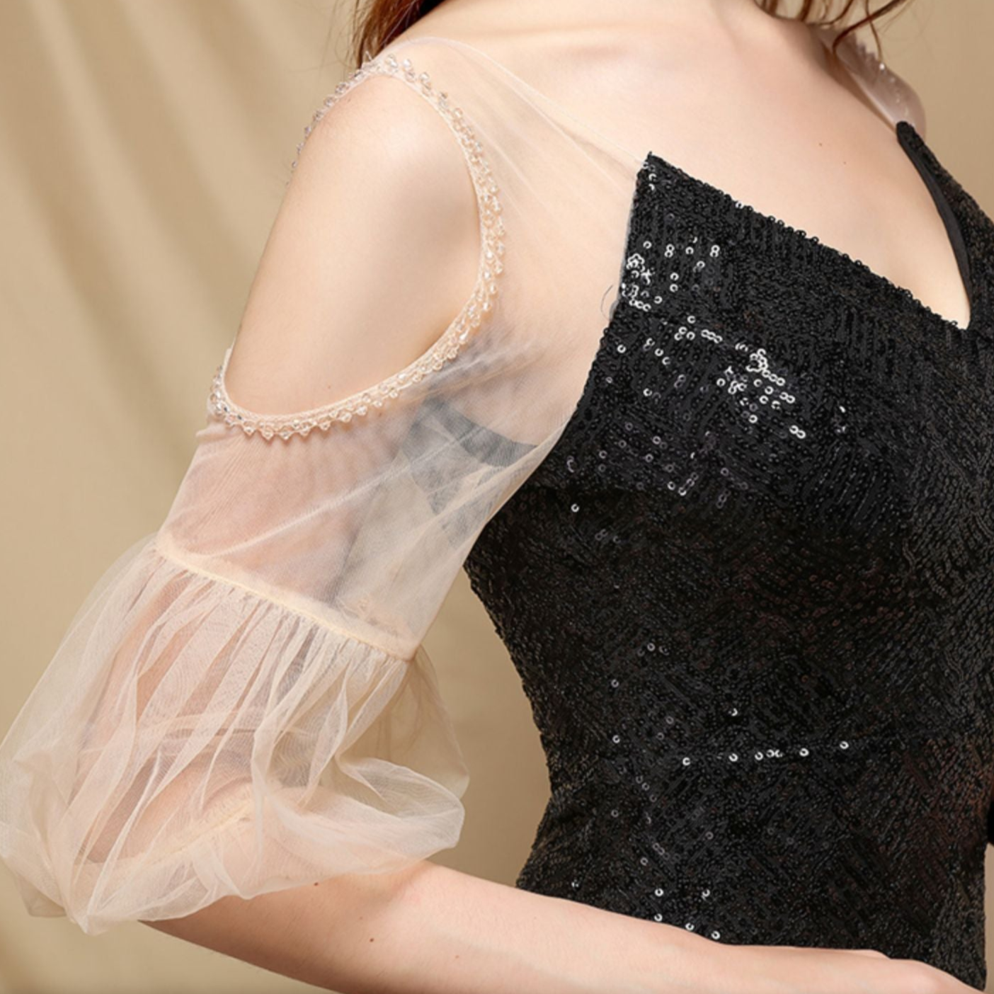 DOLLY Elegant Black Glitter Mesh Long Puff Sleeve Sequin Evening Dress-NUNU