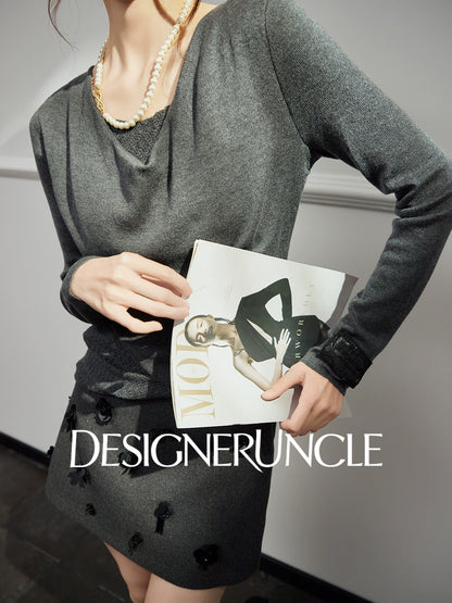 DGU "Ye Ni" gray wool knitted sweater versatile commuter slimming design top - Dylan.