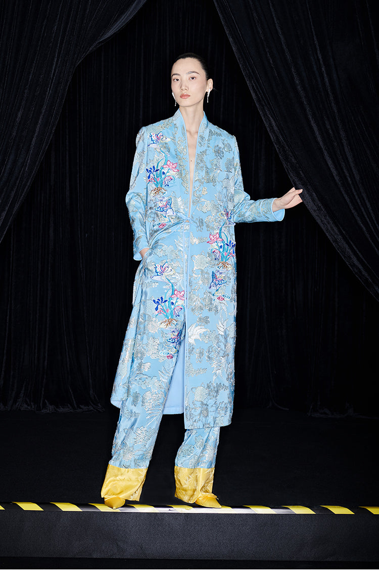 M essential Mackay designer blue butterfly embroidery robe dress pants set - break.