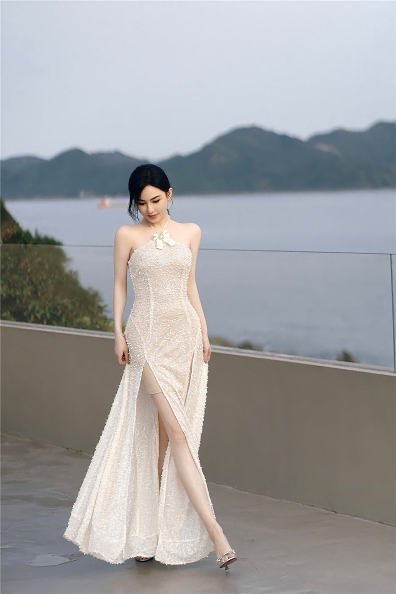 Wardrobes by Chen Luxury French Embroidered Butterfly Halter neck slick Dress- Kara