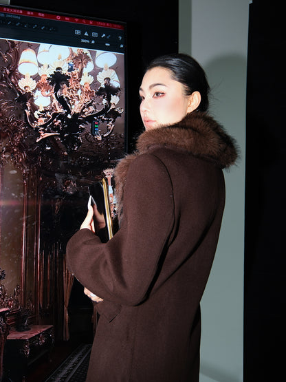 MEI SANGUAN Wool Coffee Fur Collar Jacket- GABRIELLA