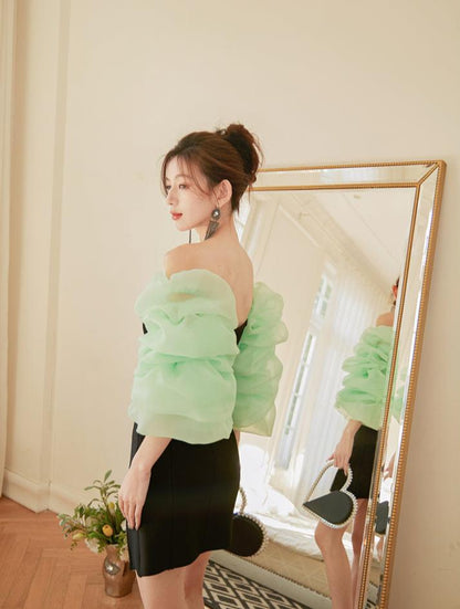 DOLLY Elegant Black Chest Wrap Long Puff Sleeve Slim Fit Short Slit Party Dress-KABRINA