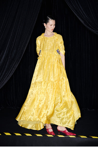 M essential Mackay designer Pine yellow jacquard short-sleeved tower fll dress- Abyn.