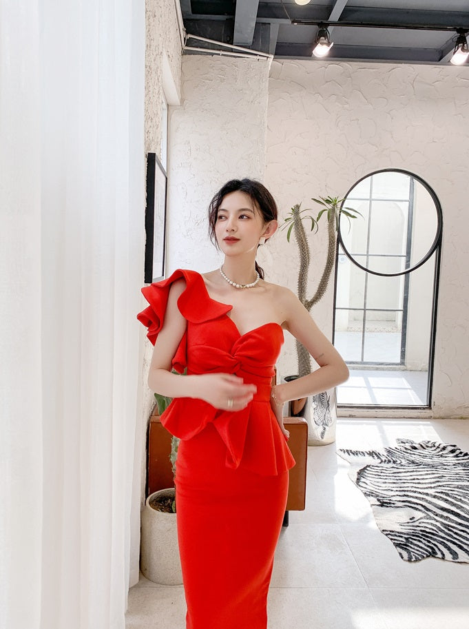 DOLLY Elegant French Style Off Shoulder Ruffle Short Top+ High Waist Skirt-LOIS