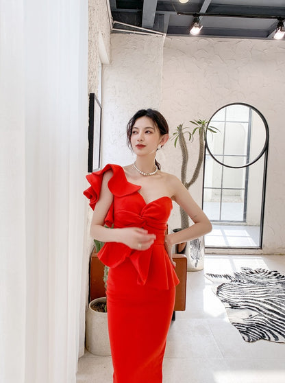 DOLLY Elegant French Style Off Shoulder Ruffle Short Top+ High Waist Skirt-LOIS