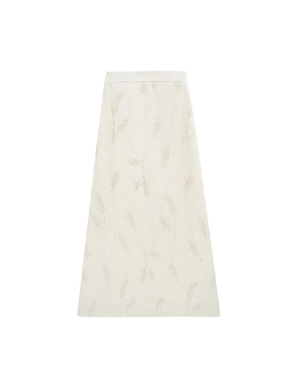 HECO Linen Pearl Leaf Bead Embroidery High Waist Long Skirt Women - JUDAH.